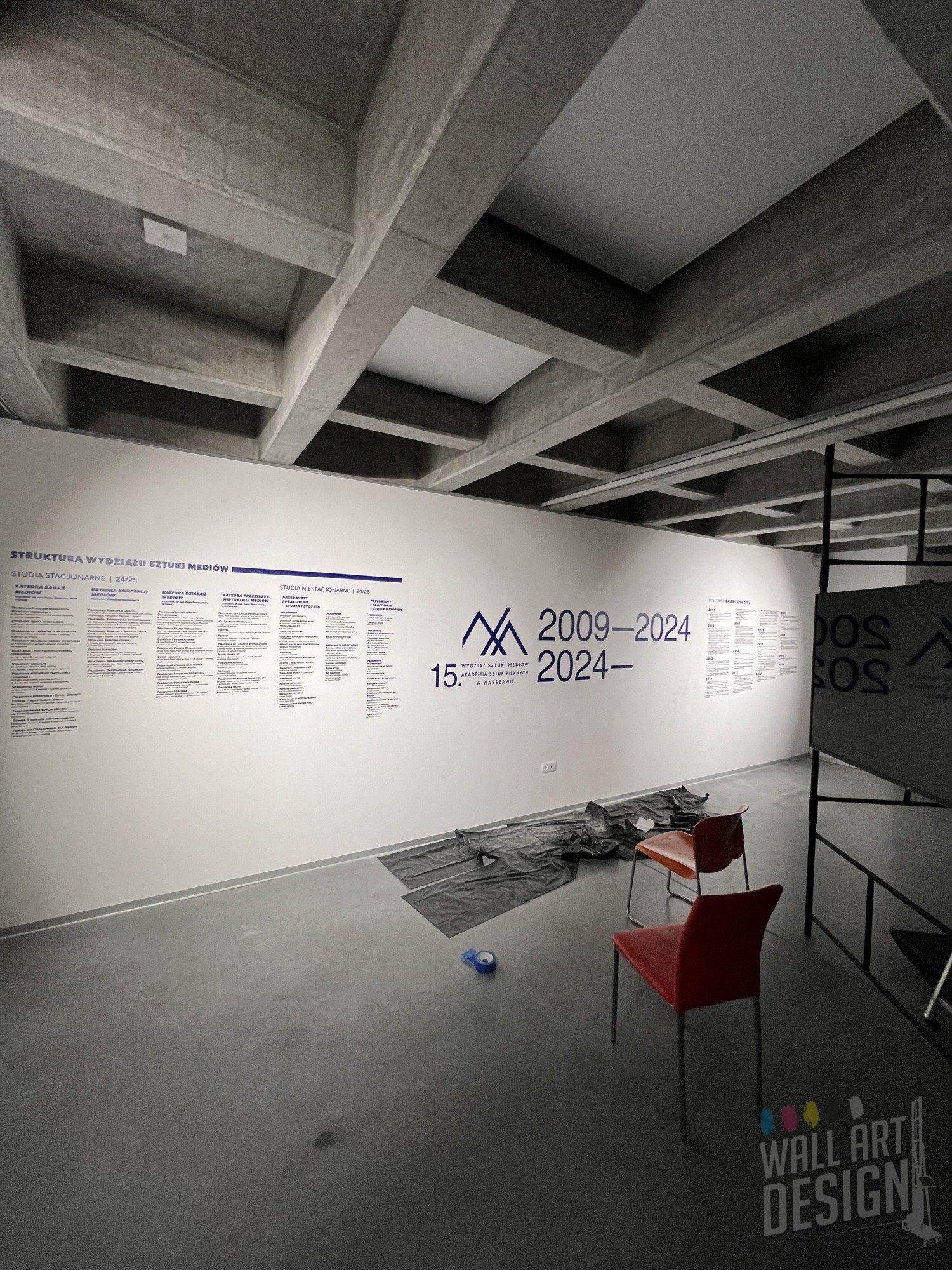 Sala wystawy ASP z wydrukowanym logo 15-lecia 2009–2024 i kalendarium na ścianie
