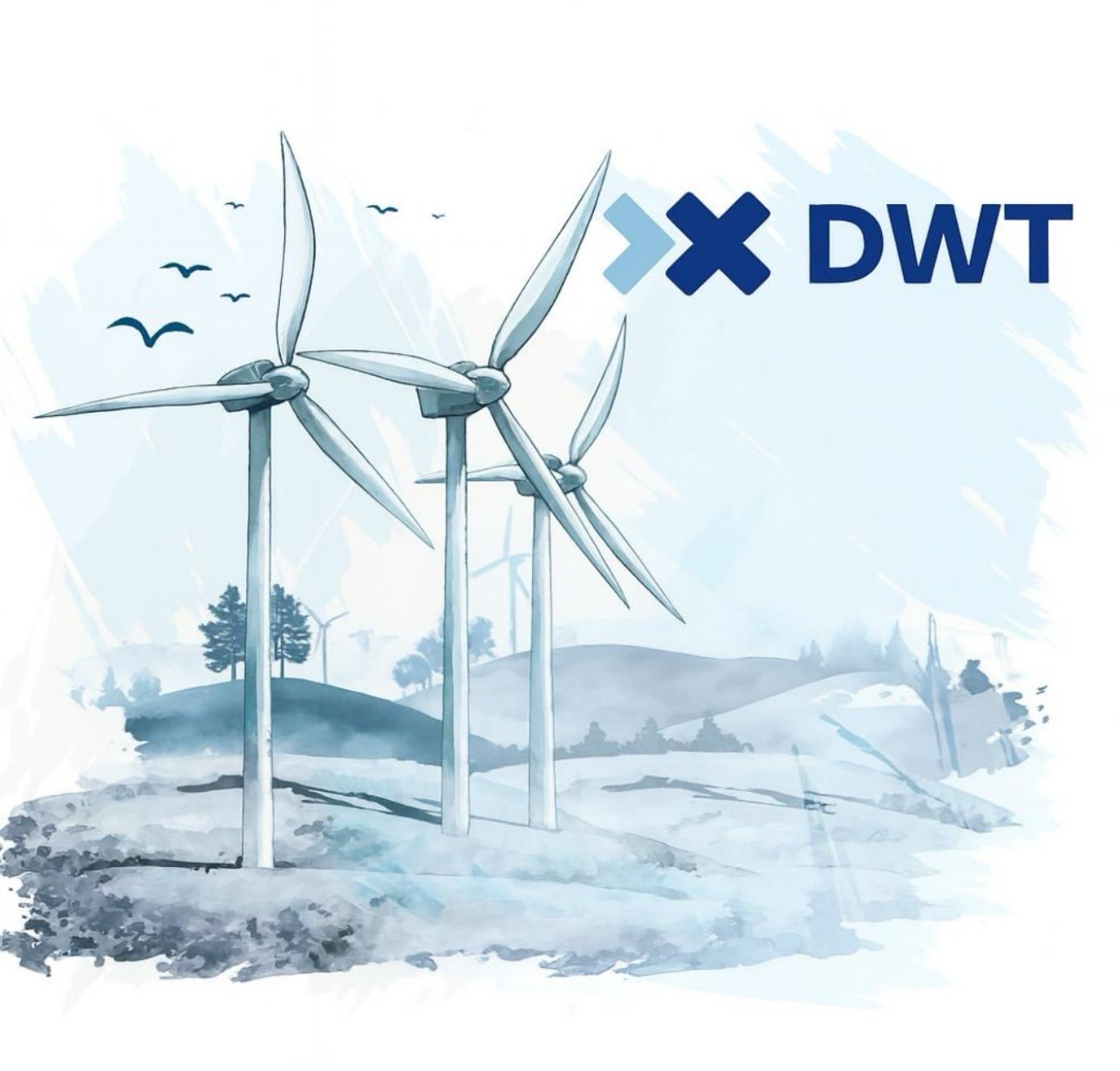 Projekt grafiki ściennej dla DWT – akwarelowe wiatraki i logo firmy