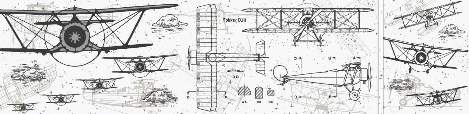 Projekt grafiki – dawne plany samolotów i rysunki techniczne, m.in. Fokker D.III