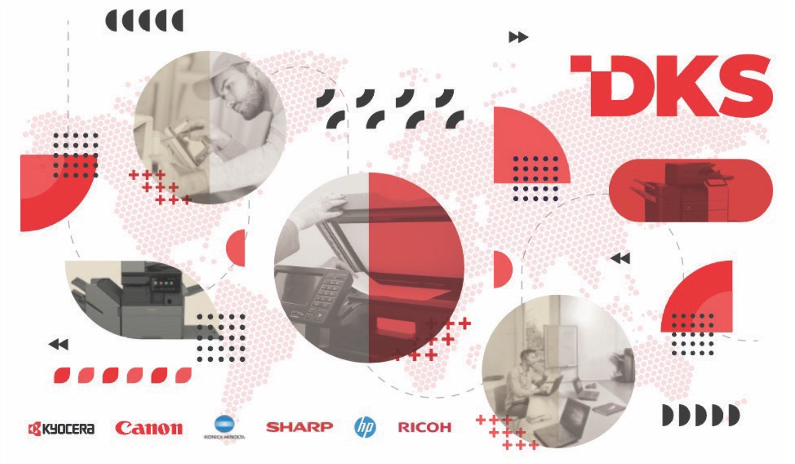 Projekt druku ściennego dla DKS – duże logo, zdjęcia w kołach i elementy graficzne w kolorach marki