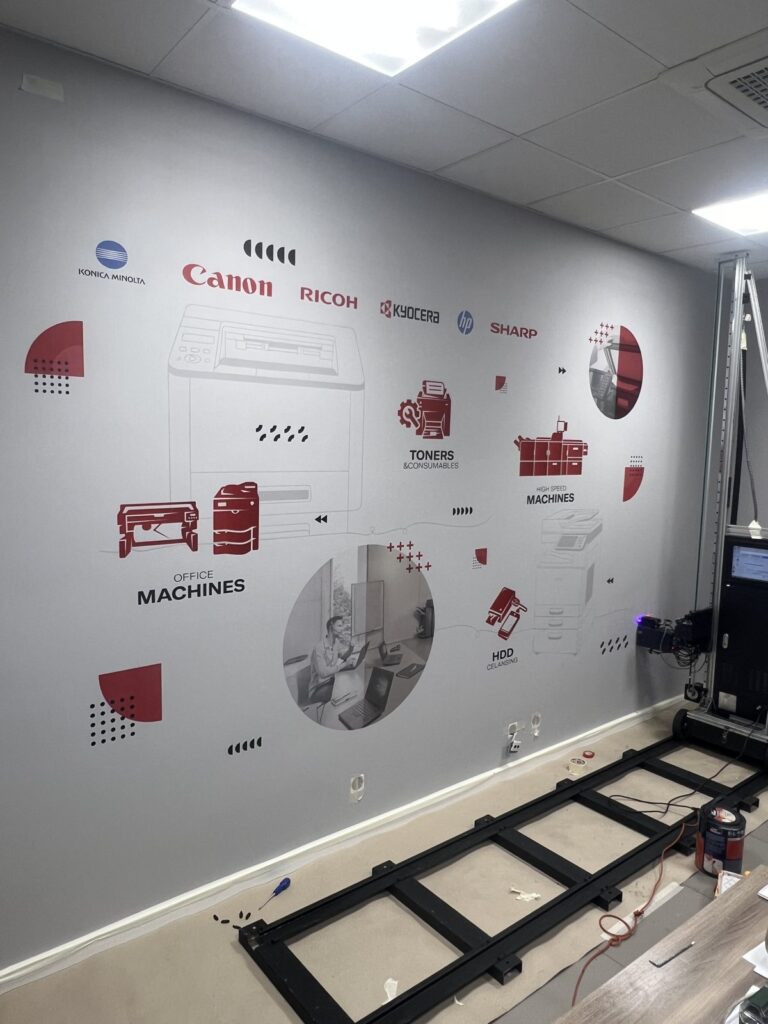 Druk ścienny w biurze DKS w Gdańsku – marki Canon, Ricoh, Kyocera, Sharp i ikony urządzeń biurowych