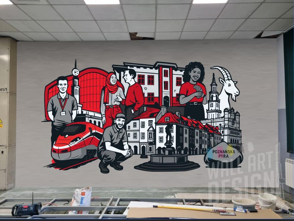 Wizualizacja projektu muralu dla Hitachi w Poznaniu przygotowana przez grafika WallArtDesign (wersja robocza)