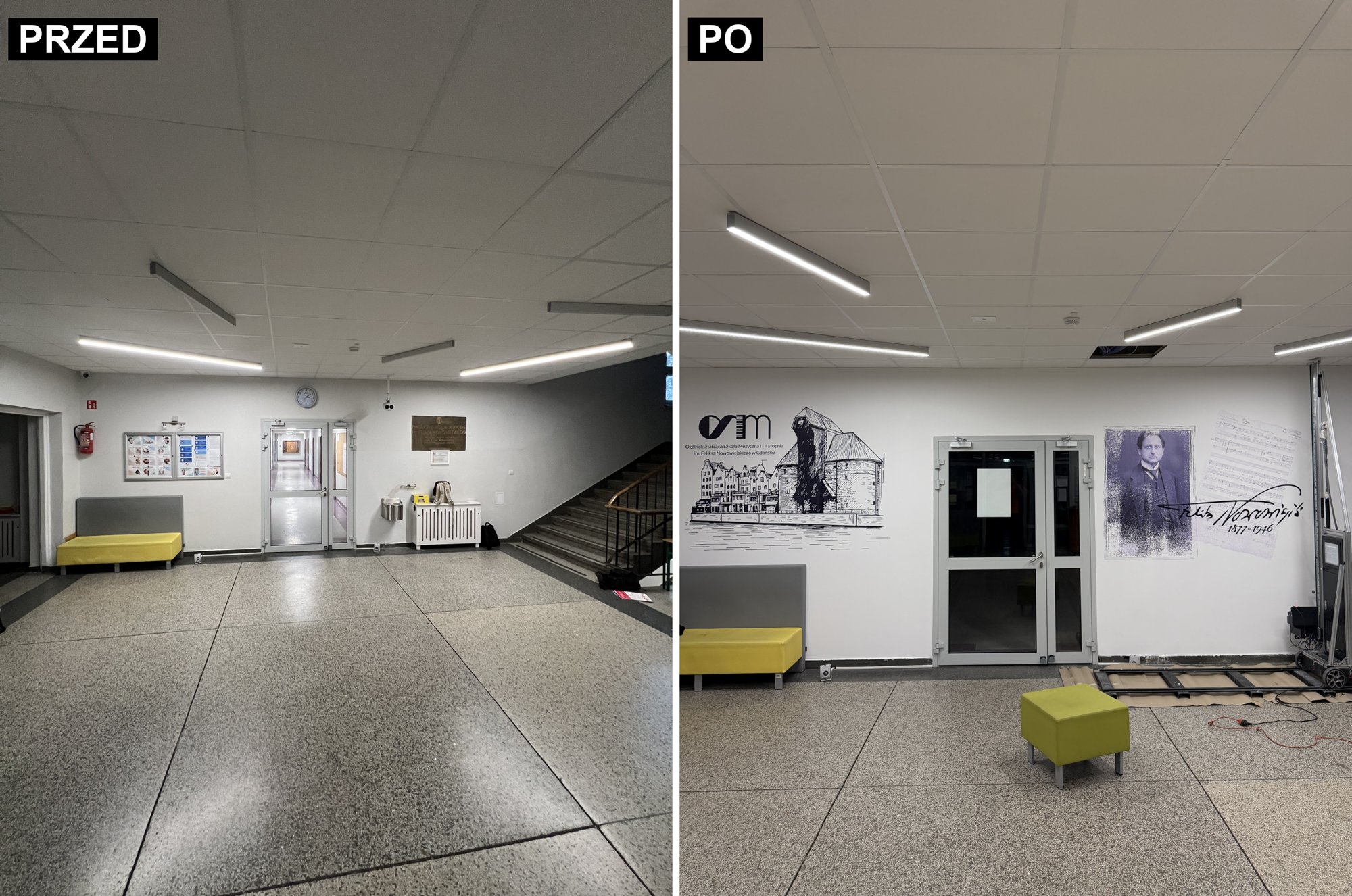 Hol szkoły muzycznej w Gdańsku przed i po druku ściennym UV – logo OSM z Żurawiem i portret Feliksa Nowowiejskiego