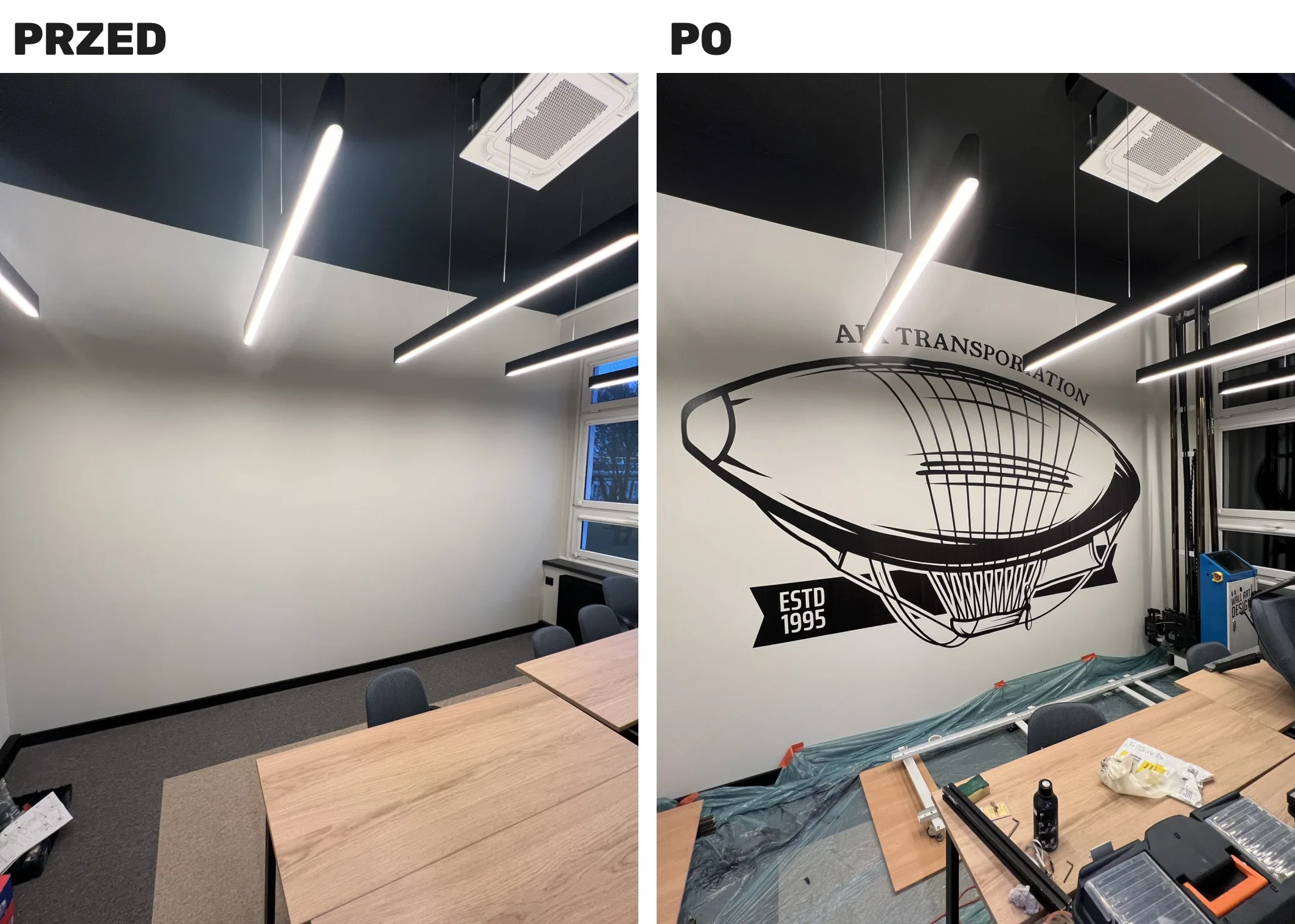 Przed i po – sala w biurze Signify i druk ścienny UV ze sterowcem Air Transportation
