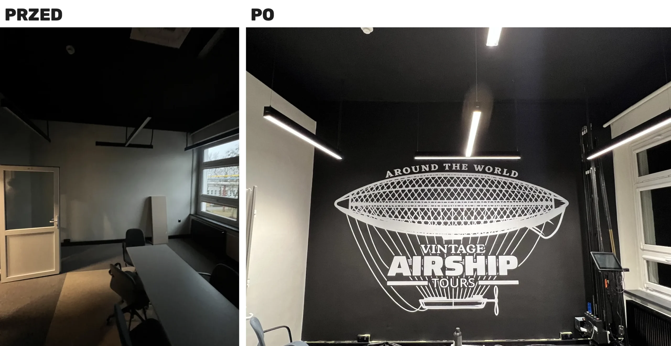 Przed i po – ciemna sala w biurze Signify i biały druk ścienny UV Vintage Airship Tours na czarnej ścianie